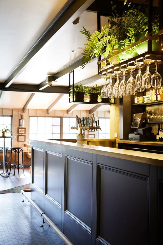 A warmly lit hospitality bar interior with dark blue-grey paneled bar cabinetry, a pale countertop, brass beer taps, hanging wine glasses, open bottle shelving, and abundant greenery displayed on overhead shelving. The space has exposed dark structural beams, large multi-pane windows, and a refined, intimate atmosphere.