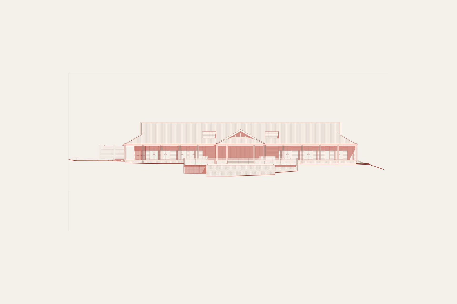 Euroa Farm - Elevation. Elevation drawing of the farmhouse with its wraparound verandah.