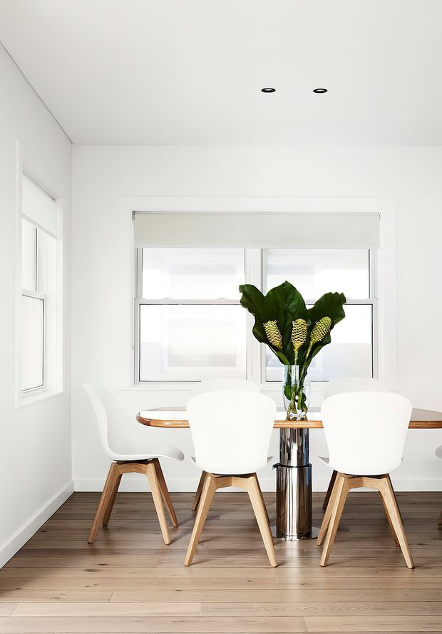 Bright, minimalist dining area with a round or oval timber dining table, white molded chairs with light timber legs, and a reflective cylindrical vase holding large green leaves and yellow flowers. The room has white walls and ceiling, recessed downlights, broad windows with white roller blinds, and light-to-mid timber plank flooring.