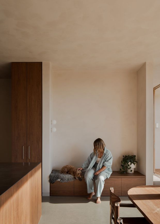 Warm, softly lit contemporary interior showing a timber kitchen or cabinetry zone at left, a built-in dark timber bench with drawers and cushions along the rear wall, and a dining table with leather chairs in the foreground. A person sits beside a small dog, and a potted plant adds greenery. The space has smooth warm beige plaster walls and ceiling, natural timber joinery, and a calm minimalist material palette.