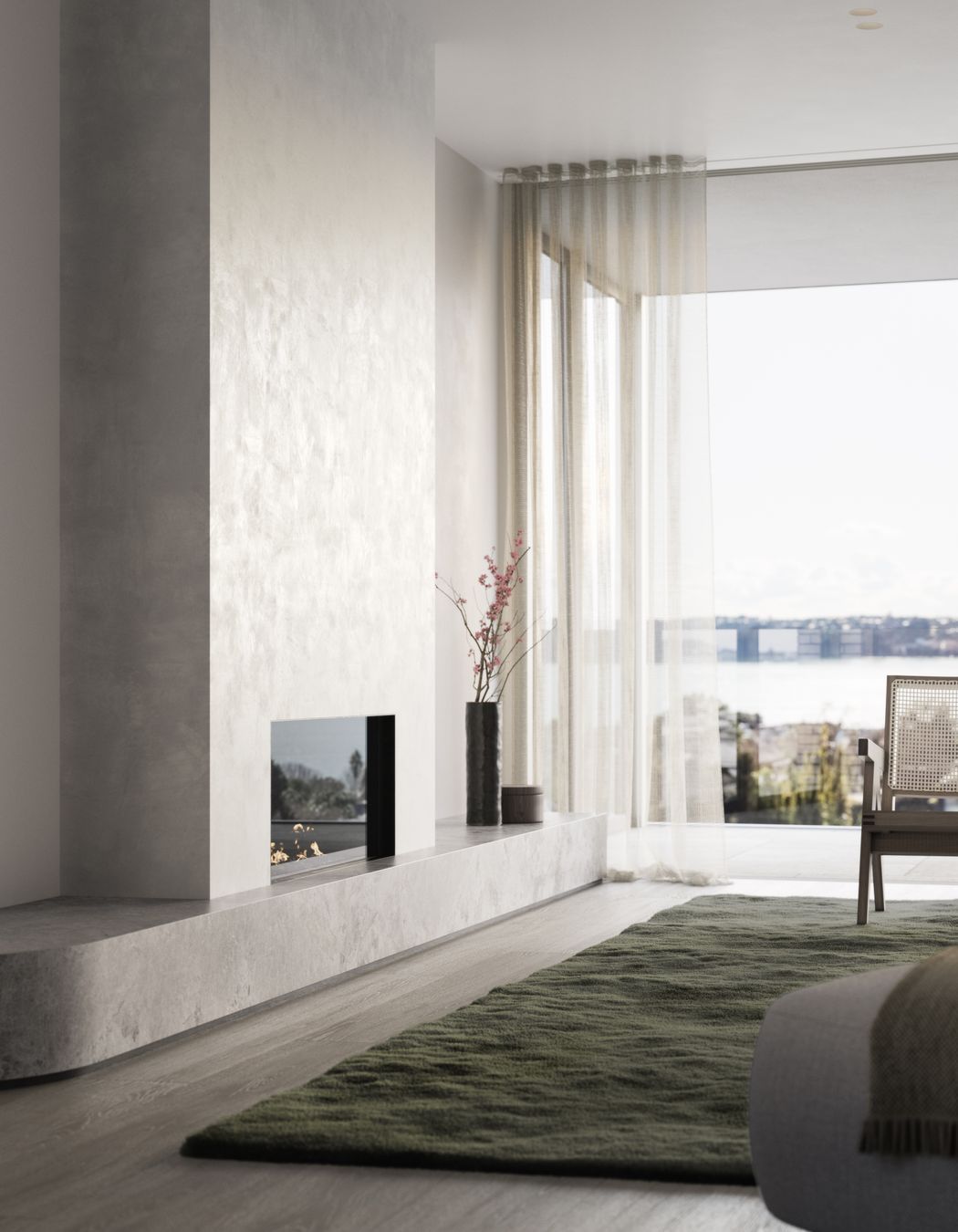 Fireplaces feature in each apartment as a centrepiece of the living spaces.