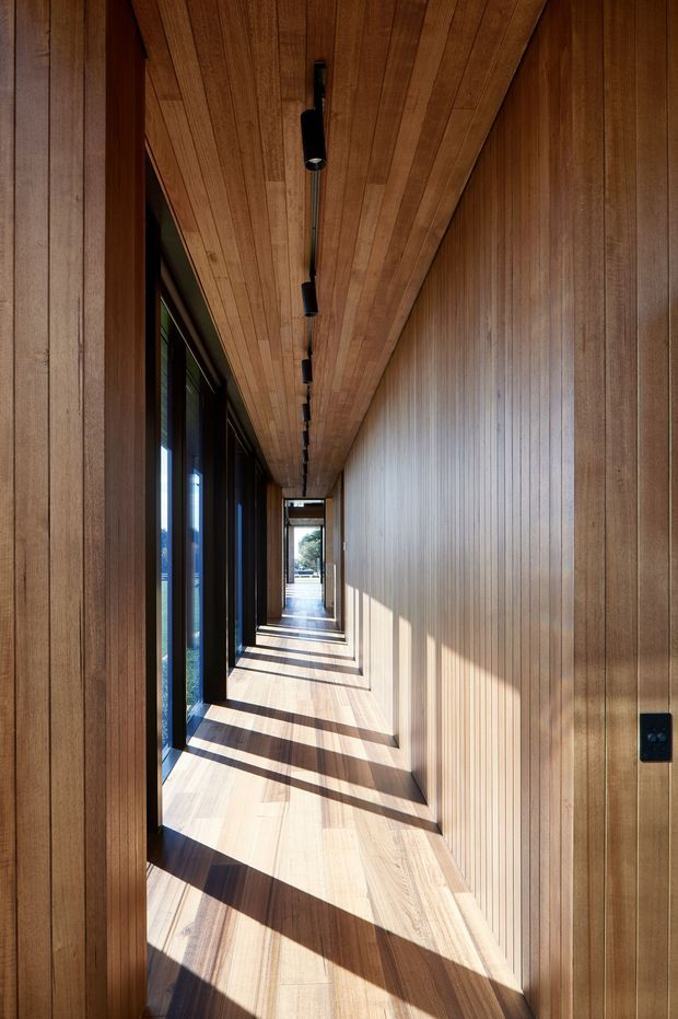 A long, narrow architectural corridor lined with warm timber boards on the walls, ceiling, and floor. Dark-framed glazing runs along the left side, allowing strong sunlight to cast dramatic linear shadows across the timber floor and walls. Minimal black track lighting and a black switch plate provide restrained contrast. The view terminates at a bright exterior opening.