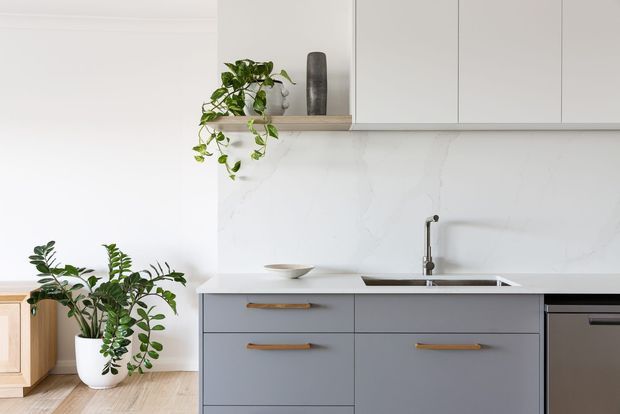 Bright contemporary kitchen with pale grey flat-panel cabinetry, warm timber handles, a white marble-look splashback and benchtop, and a stainless-steel sink tap. Light timber flooring and white walls create a clean, airy setting, with potted greenery and simple decorative objects adding natural softness.