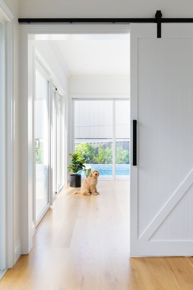 Bright white interior corridor or sunroom with pale timber flooring, full-height glazed doors and windows, and a white board-and-batten barn-style sliding door with black hardware. The space opens toward a visible blue swimming pool and greenery, with a potted plant and small dog in the distance.