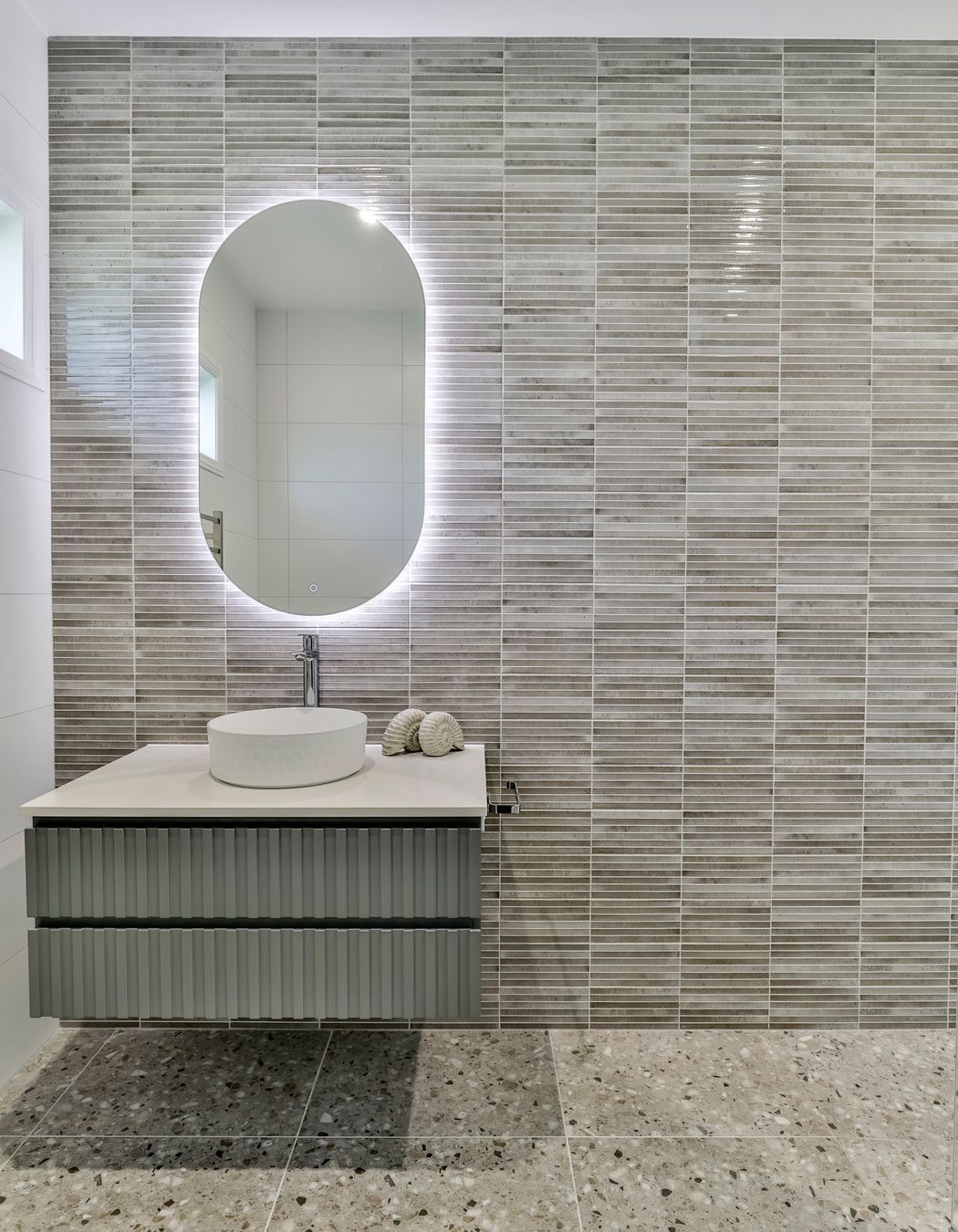 TILE DEPOT / Tiles: Home Kit Kat Ash 125x250mm , Blanco Brillo Matt 300x600mm, Frammenta Taupe 597x597mm / Bathware also supplied by Tile Depot