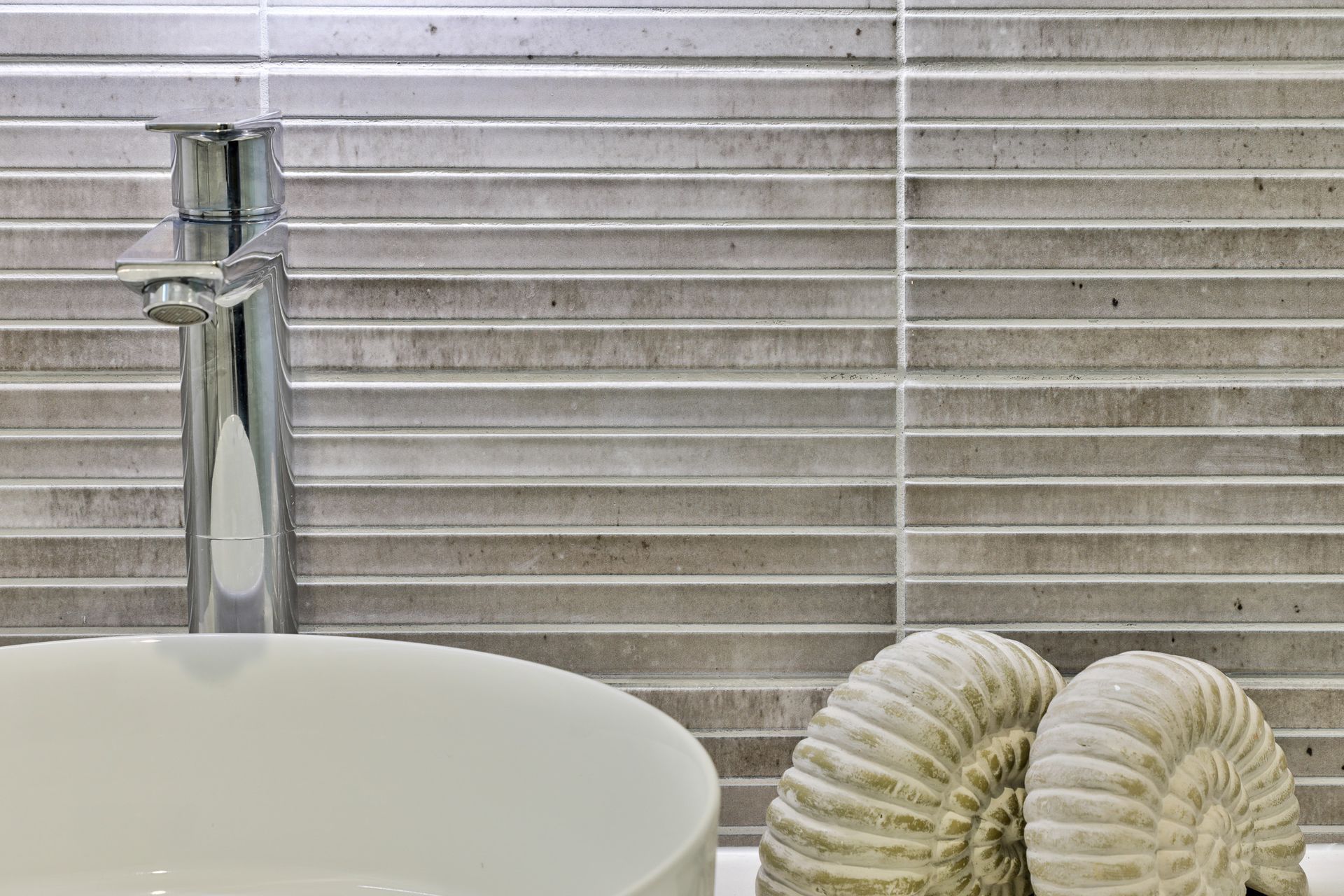 TILE DEPOT / Tiles: Home Kit Kat Ash 125x250mm / Tapware: Olympia High Rise Basin Mixer Chrome