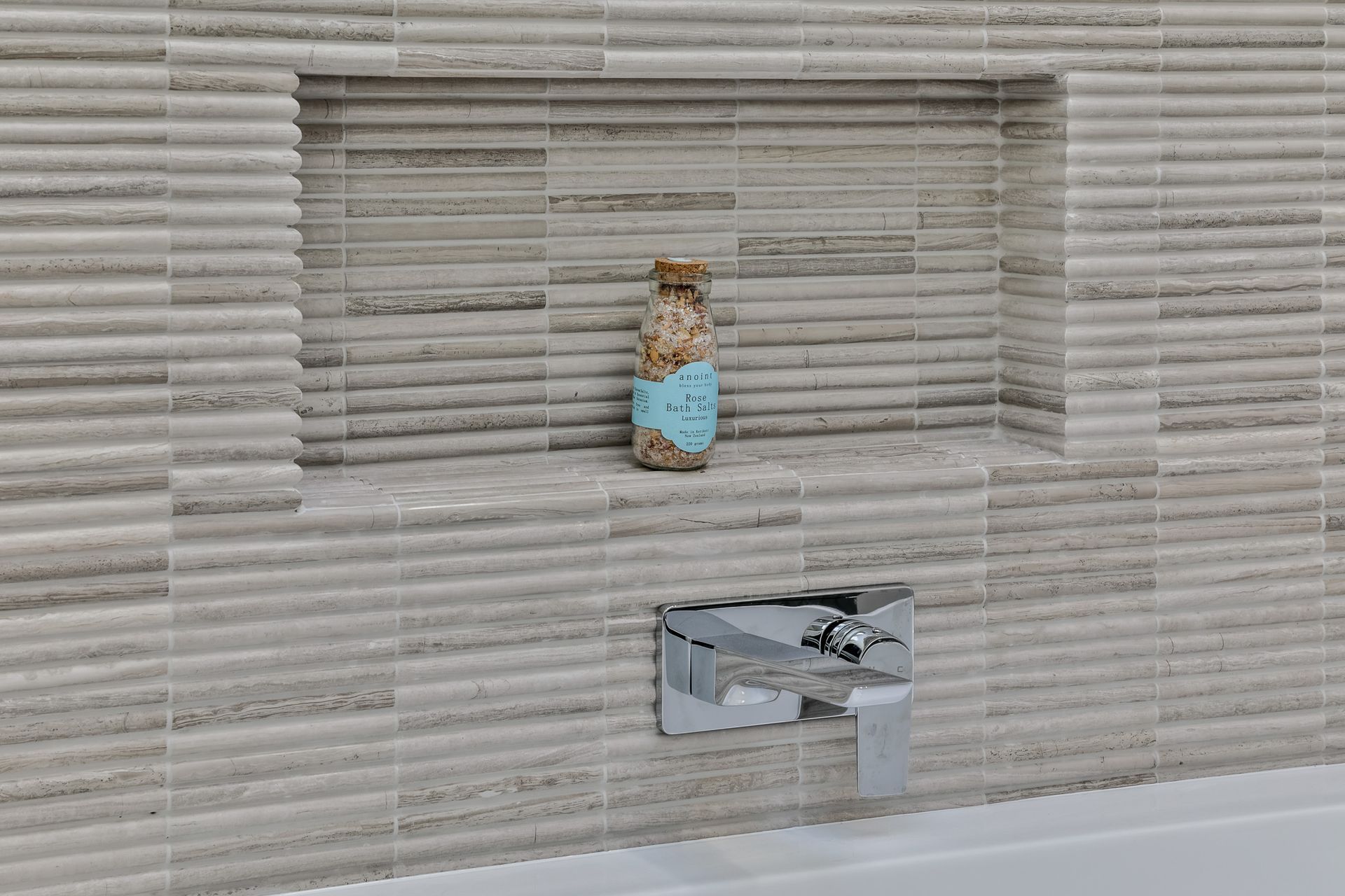 TILE DEPOT / Tiles: Colosseum Travertine 305x305mm. Fantastic mitring detail. Tiling by ARC Tiling NZ. / Tap : Olympia Wall Mounted basin Mixer Chrome
