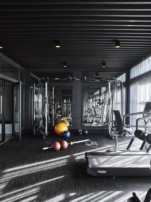A dark, sophisticated home gym with a full wall of mirrors, multi-station cable equipment, free weights, exercise balls, and a treadmill. The room has a black slatted ceiling with recessed spotlights, dark textured flooring, black-framed glazed openings, and tall sheer-curtained windows casting strong linear sunlight across the floor.