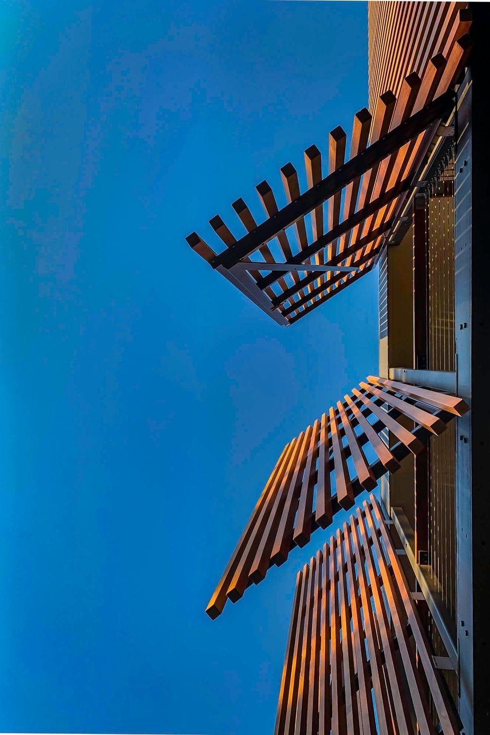 Glennon Residence - Exterior. Timber screens angled against a bright blue sky.