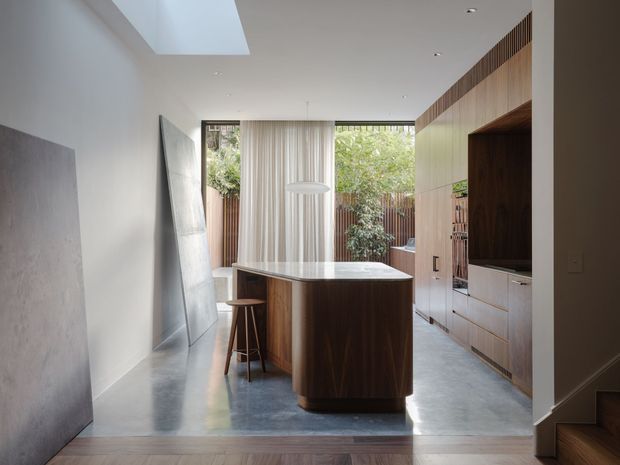A refined contemporary kitchen viewed from an adjacent hallway, featuring a rounded dark-wood island with a pale stone benchtop, integrated timber cabinetry, and a large concealed television or display niche. The room has polished concrete flooring, white walls, recessed downlights, a broad skylight, sheer curtains, and garden views through full-height glazing. A timber stair is visible at the right edge.