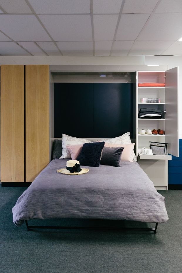 A compact contemporary bedroom with a wall-integrated fold-down bed, dark feature backing, and built-in storage. The bed is dressed in muted lavender-grey linen with layered pink, white, and charcoal cushions. Full-height light timber cabinetry is on the left, while open shelving and a small fold-out desk occupy the right side. The room has grey carpet and a suspended acoustic tile ceiling, suggesting a compact apartment, studio, or multipurpose interior.