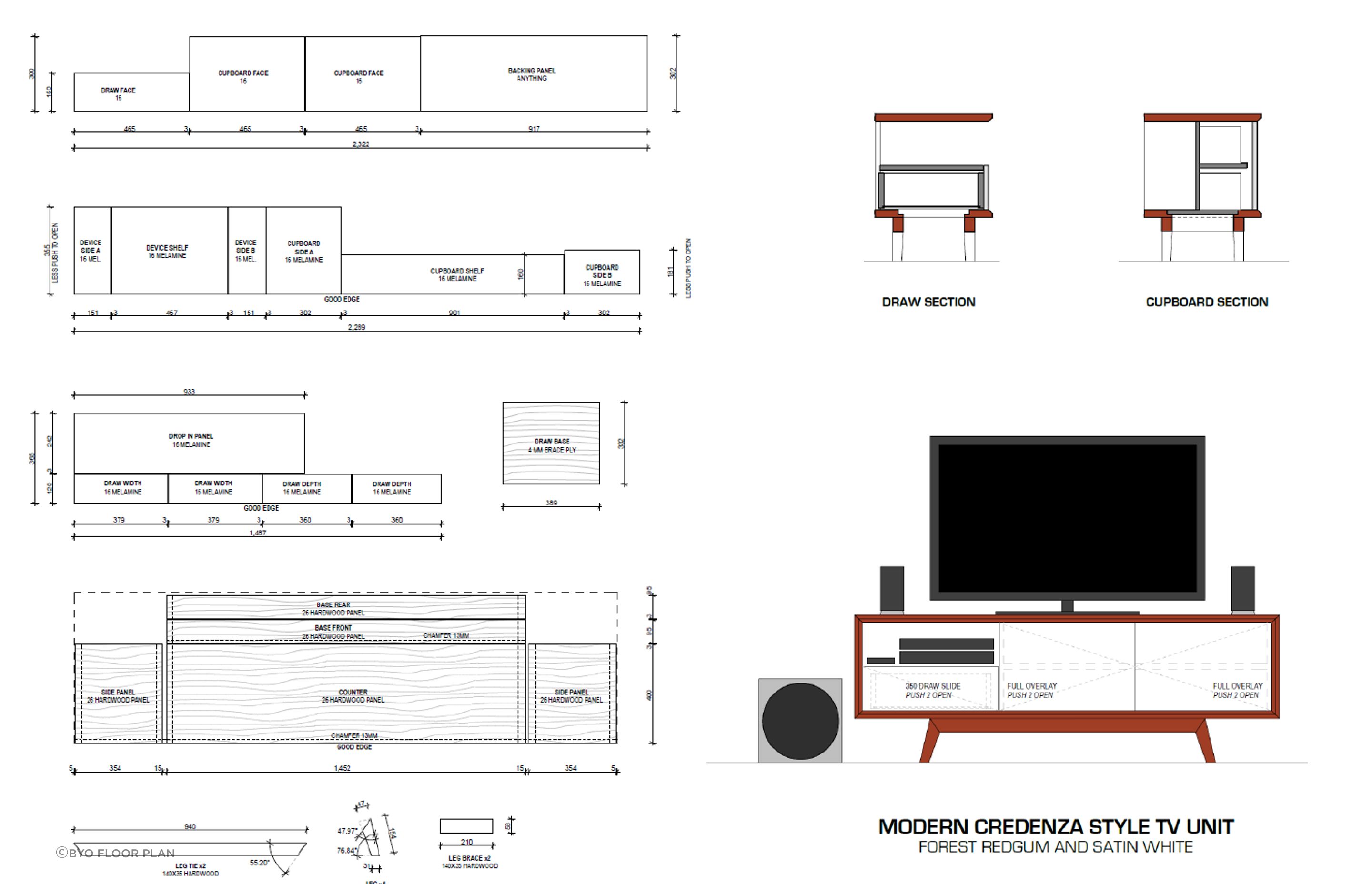 Completed in 2014: Mid century modern inspired credenza/TV unit. Illustrated cutting list to reduce material waste and increase woodworking accuracy