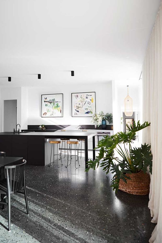 Bright contemporary kitchen and dining area with a black island and cabinetry, slim timber-topped bar stools, dark polished terrazzo flooring, white walls and ceiling, black track-style downlights, framed botanical artwork, and large potted greenery beside sheer curtains. A dining table and chairs are partially visible in the foreground.