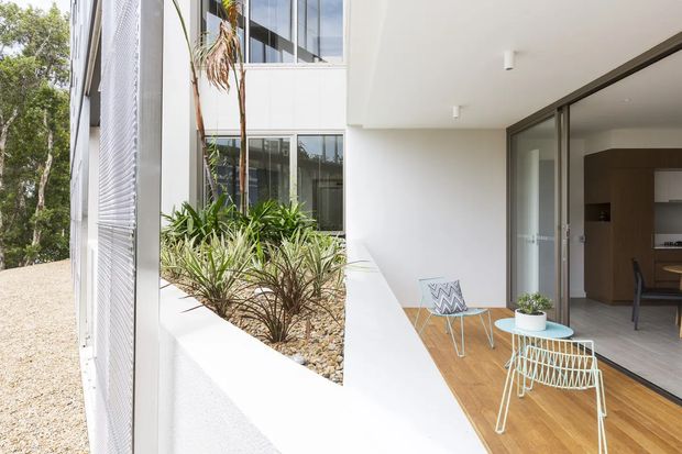 A bright contemporary courtyard terrace beside a modern white multi-level residence. The space features pale timber decking, white rendered walls, full-height sliding glass doors, minimalist outdoor wire-frame chairs and a small table, plus a planted gravel garden bed with drought-tolerant vegetation. An open-plan interior with dark cabinetry is visible through the glazing.