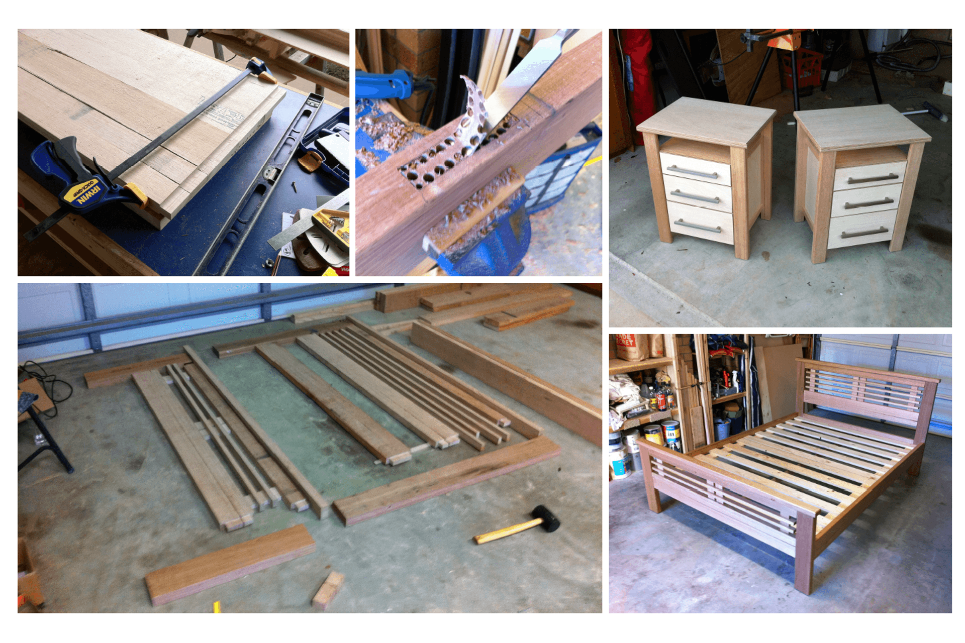 Completed in 2011: Bed frame construction from Tasmanian Oak and Spotted Gum. Matching bedside tables from hardwood marine ply &amp; bed frame offcuts