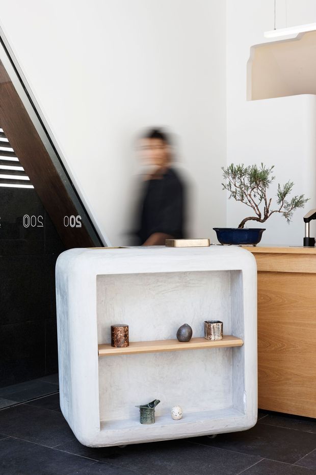 A contemporary interior vignette featuring a rounded white plaster or concrete freestanding display niche with a timber shelf and small decorative objects. It sits on dark floor tiles beside a warm timber built-in cabinet topped with a bonsai-like plant. A black angled architectural element and blurred person appear in the background, with a minimalist suspended linear light overhead.