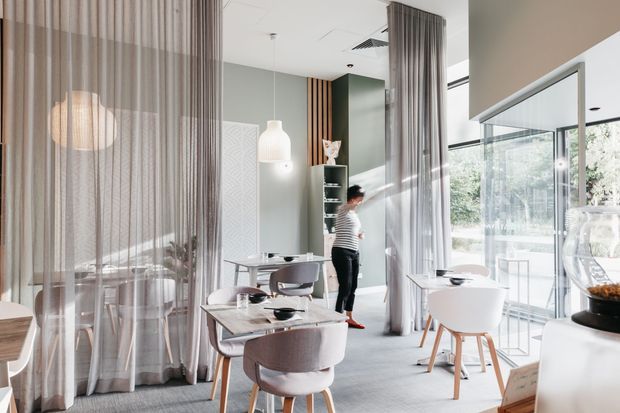 Bright contemporary dining and living space with floor-to-ceiling glazing, sheer floor-to-ceiling curtains, pale grey carpet, light timber accents, and several modern dining tables and chairs. A muted green feature wall and vertical timber battens add contrast, while a glazed outdoor area is visible beyond the windows.