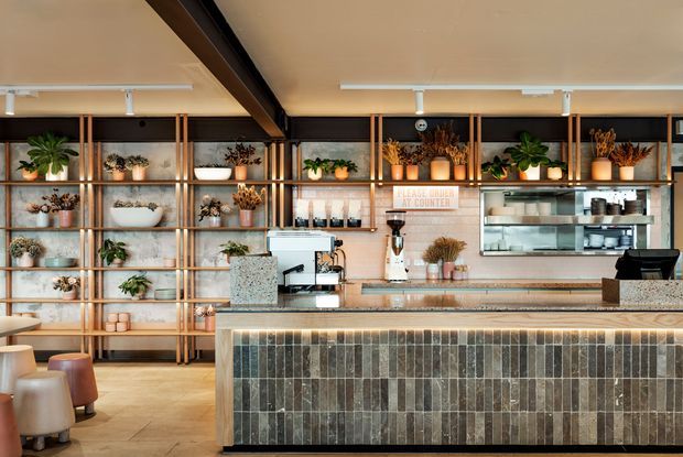 A stylish café interior centered on a long service counter with espresso equipment, refrigerated display cases, point-of-sale equipment, and a visible “Please order at counter” sign. The counter front is clad in vertically arranged dark grey and brown rectangular tiles, with a pale stone or concrete benchtop. Behind it, open timber shelving displays potted plants, ceramics, jars, and café supplies. Warm wood framing, soft beige surfaces, track lighting, and a few upholstered stools create a welcoming contemporary hospitality setting.