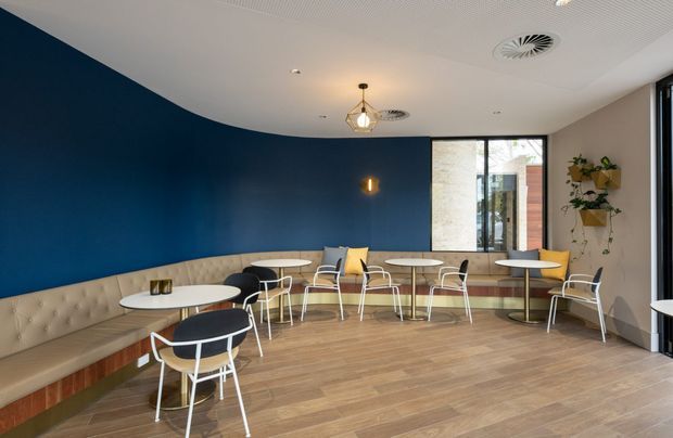 A contemporary café or hospitality seating area with a long curved cream upholstered banquette wrapping around a deep navy-blue curved wall. Small round white tables and lightweight white-framed chairs are arranged across a warm timber-look floor. A glazed entrance or window wall, pendant lighting, wall sconces, and planted wall shelving complete the bright, refined interior.