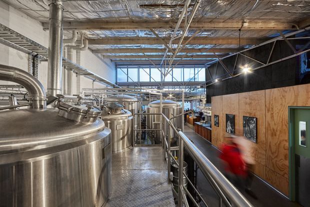 Interior view of an industrial brewery production space, with large stainless-steel brewing tanks and pipework in the foreground, elevated metal walkways and railings, exposed services, timber-clad partitions, and high-level industrial glazing. The space has a utilitarian adaptive-industrial character with a visible circulation route alongside the brewing equipment.