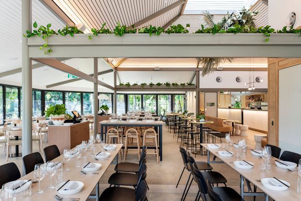 Bright, contemporary restaurant interior with communal dining tables, neatly set place settings, a central bar-height island, extensive glazing, timber and light neutral finishes, exposed structural framing, and abundant hanging and planter greenery. A high glazed roof brings in natural light, while a bar and service counter occupy the rear of the space.