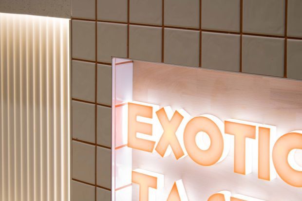 Close-up interior detail of a tiled wall with warm brown grout and a large illuminated sign partially reading “EXOTIC,” set within a pale wood-toned surround. Vertical ribbed detailing is visible at the left edge, creating a warm, softly lit commercial or hospitality-style feature.