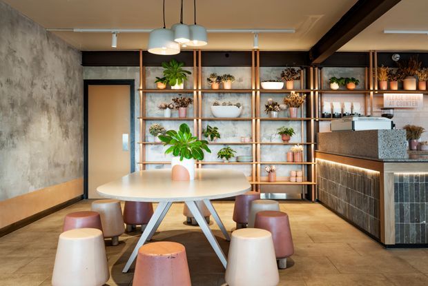 A stylish compact café or hospitality interior with a round communal table surrounded by colourful stools. The space features open timber shelving displaying potted plants and decorative objects, a textured concrete-look wall, warm timber flooring, pendant and track lighting, and a tiled service counter with a stone benchtop and illuminated front.