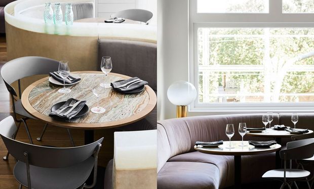 A refined dining and lounge interior featuring a round marble-topped dining table set with dark napkins, cutlery and wine glasses, surrounded by curved contemporary chairs. A curved upholstered banquette and round café tables sit beside large white-framed windows, with a sculptural globe lamp and neutral beige, grey and taupe finishes. The collage presents two views of the same polished restaurant or hospitality-style dining space.