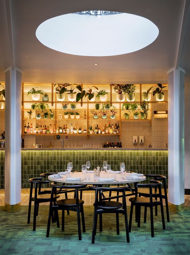 A warmly lit restaurant dining area with a central round dining table surrounded by black timber chairs. Behind it is a built-in bar with illuminated shelving, bottles, glassware, and abundant potted plants. The bar front features dark green glazed tiles, while the ceiling has a large oval recessed skylight or lightwell framed by curved architectural elements. The floor is covered in a patterned green carpet.