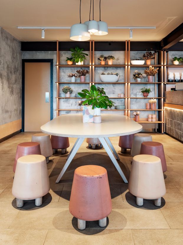 A contemporary communal dining or breakout area with a large oval table surrounded by colourful rounded stools. The space features an industrial-style concrete-effect wall, black-framed glazing or doors, timber open shelving displaying potted plants, suspended pendant lights, track lighting, and a visible kitchenette or service counter at right. Warm timber-toned flooring and soft pink, cream, and terracotta furnishings create a playful yet refined atmosphere.