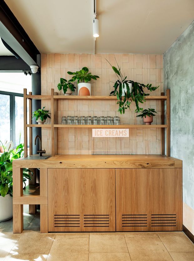 A warm, plant-filled refreshment or ice-cream service nook with custom timber cabinetry and open shelving. The built-in joinery features a timber benchtop, integrated sink with dark tapware, ventilated cabinet doors, glassware, and potted plants. A pale peach-pink geometric tiled wall forms the backdrop, with a textured light-grey side wall, tiled floor, and strong daylight from glazing at left.
