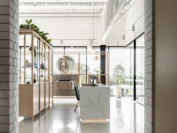Bright contemporary office interior viewed through a wide opening, featuring a polished concrete floor, high exposed white structure, full-height black-framed glazing, timber-and-glass display cabinetry, a marble-look reception or work counter, and a refined meeting/work area. Indoor plants and warm timber details soften the otherwise minimal commercial fit-out.