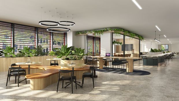 A bright, contemporary commercial dining and hospitality interior with multiple timber tables and black chairs, large indoor planters, timber slatted window screens, linear and circular pendant lighting, and a central glazed or open-partitioned dining area. The space has a polished stone or concrete-look floor, abundant daylight, and a long open-plan layout.