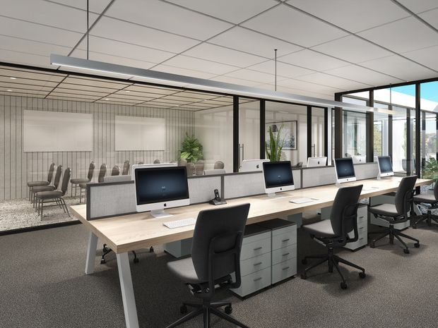 Contemporary open-plan office with rows of light timber workstations, black ergonomic office chairs, desktop computers, and integrated grey storage pedestals. A glazed meeting room with a long table and chairs is visible behind the workstation area, along with indoor plants and bright windows. The space has a suspended grid ceiling, dark-framed internal glazing, and neutral commercial finishes.