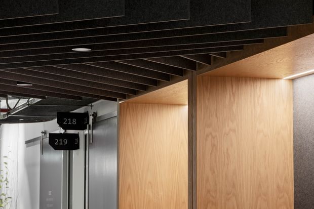 Contemporary commercial interior corridor with warm timber wall panelling and a dark exposed slatted ceiling structure. Black directional room signs marked 218 and 219 hang near grey doors, while linear and recessed lighting emphasize the clean architectural detailing.