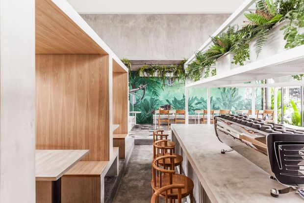 Bright contemporary commercial interior, likely a café or hospitality venue, with a long concrete counter and wooden stools in the foreground. Built-in timber booth seating lines the left wall, while exposed concrete, white shelving, abundant hanging greenery, tropical mural artwork, and full-height glazing define the open dining space.