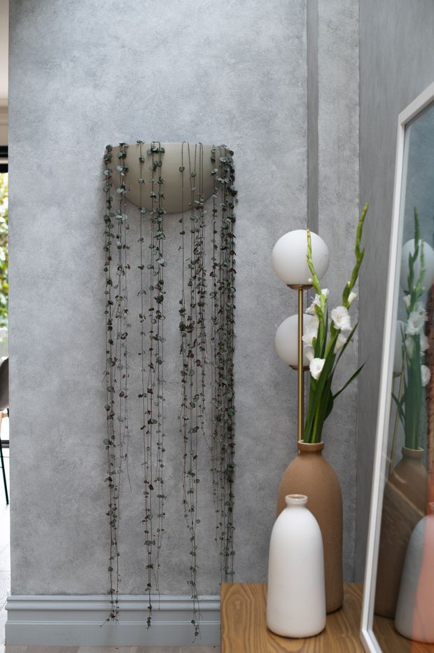 A narrow interior vignette with a textured grey wall, decorative trailing plants mounted vertically, a large white-framed mirror, and a timber console styled with ceramic vases and tall flowers. A globe floor lamp with spherical white shades adds a contemporary decorative accent.