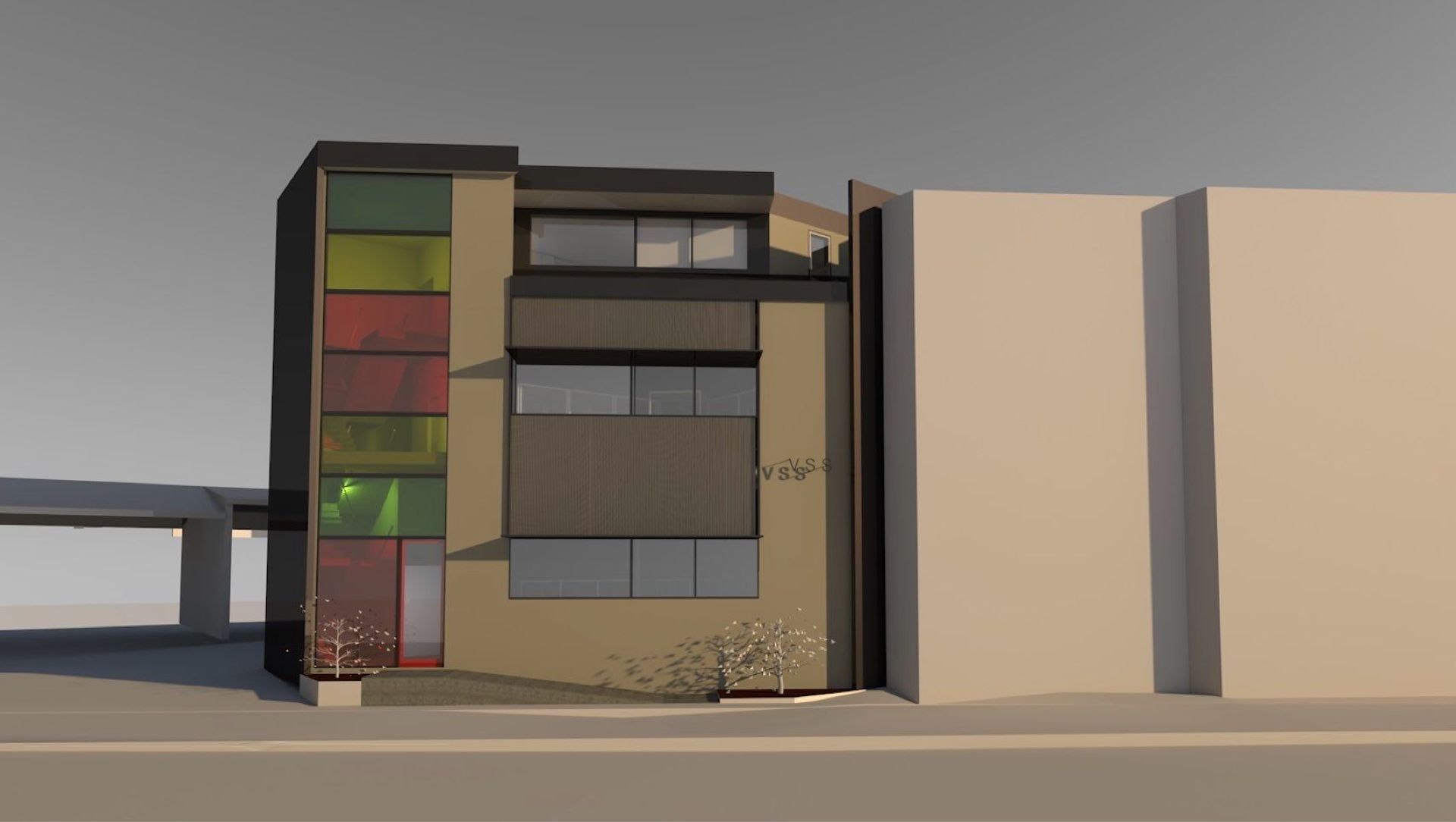 Streetfacade with coloured laminated glass to the stair, shading to windows