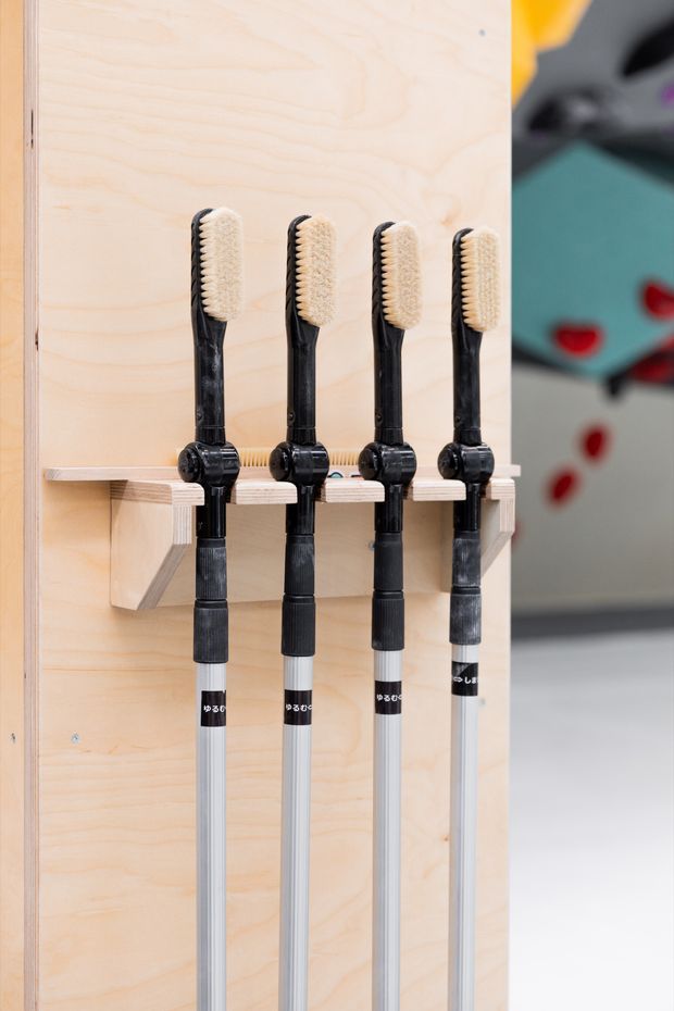 Close-up of four black-and-white handled sports sticks or equipment pieces mounted vertically in a custom light plywood storage rack. The rack has simple exposed layered edges and a pale timber finish. A blurred turquoise and red object is visible in the background, but the main subject is the organised wall-mounted equipment storage.