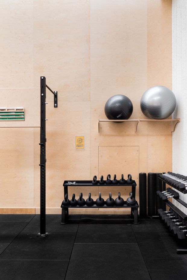 A compact, well-organised home gym with black rubber flooring, pale plywood wall panelling, a black wall-mounted squat rack, kettlebell storage, dumbbell racks, medicine balls on wooden shelves, and upright foam rollers. The space has a utilitarian, modern fitness-studio appearance with strong black-and-natural-wood contrast.
