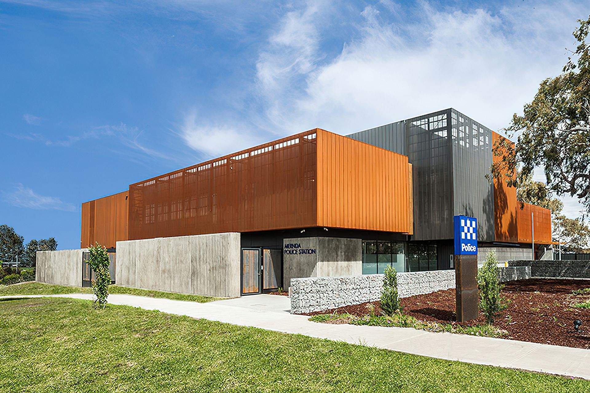 ##Mernda Police Station, Vic - Custom Perforated Corten &amp; Pvdf Satin Black Aluminium