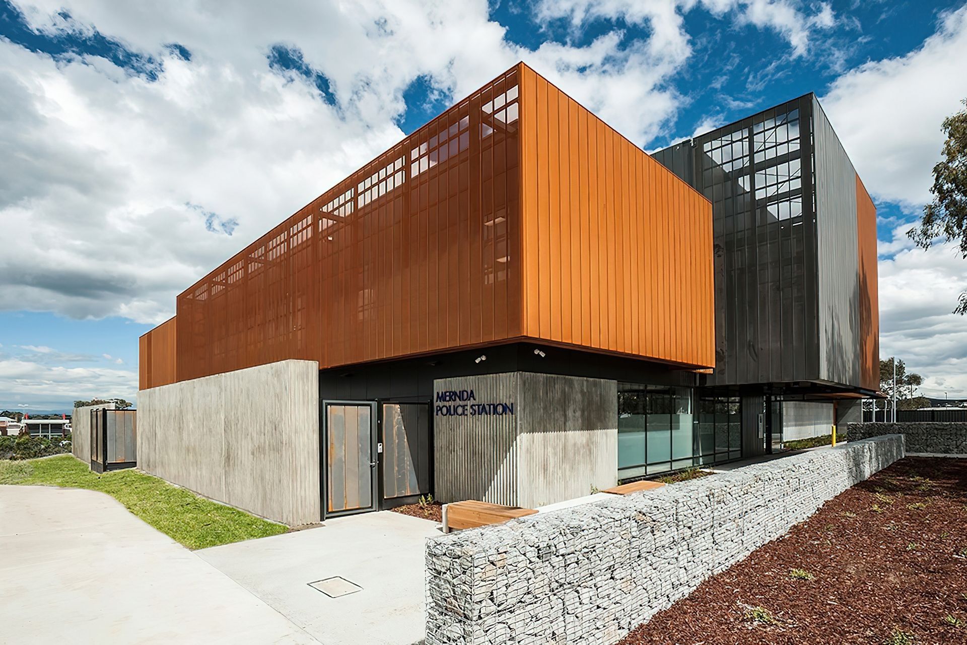 ##Mernda Police Station, Vic - Custom Perforated Corten &amp; Pvdf Satin Black Aluminium
