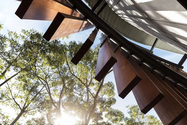 Upward-looking architectural detail showing dramatic dark timber roof projections and exposed structural beams beneath a modern roof canopy, with translucent or glazed roof elements casting linear shadows. Mature trees and bright sky surround the structure, creating a strong indoor-outdoor, sunlit composition.