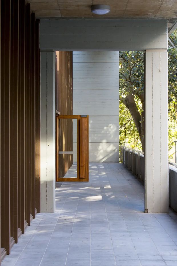 A covered exterior walkway or veranda with pale tiled flooring, white-painted structural columns and beams, vertical dark timber screening along one side, and a warm timber-framed glazed door. The open railing and surrounding trees create a shaded connection between the building and landscape. The ceiling has a raw concrete-like finish and a simple round light fixture.
