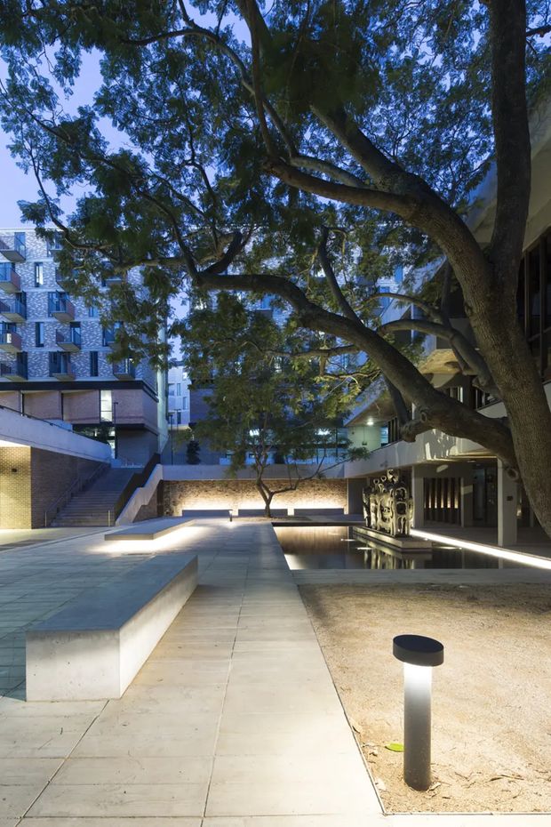 A landscaped urban courtyard or plaza at dusk, framed by a large mature tree and surrounded by contemporary multi-storey buildings. Broad concrete-paved paths, stepped seating or retaining elements, low illuminated walls, a shallow reflective water feature, gravel landscaping, and modern bollard lighting create a calm architectural communal space.