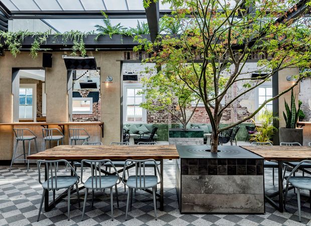 A bright, plant-filled interior courtyard or atrium with a glazed roof, exposed dark structural beams, and a mix of historic brick and plaster walls. Long timber communal tables with metal chairs occupy a patterned tiled floor, while a central raised planter contains a mature tree. A built-in bar counter, lounge seating, pendant lighting, and extensive greenery create a refined hospitality-style gathering space.