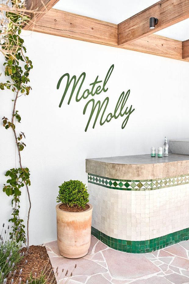 A bright motel reception or entry nook featuring a curved tiled counter with green-and-white geometric mosaic detailing, a white wall with the script sign “Motel Molly,” exposed timber ceiling beams, patterned stone paving, and potted greenery. The space has a relaxed, boutique hospitality character with warm natural materials and strong green accents.