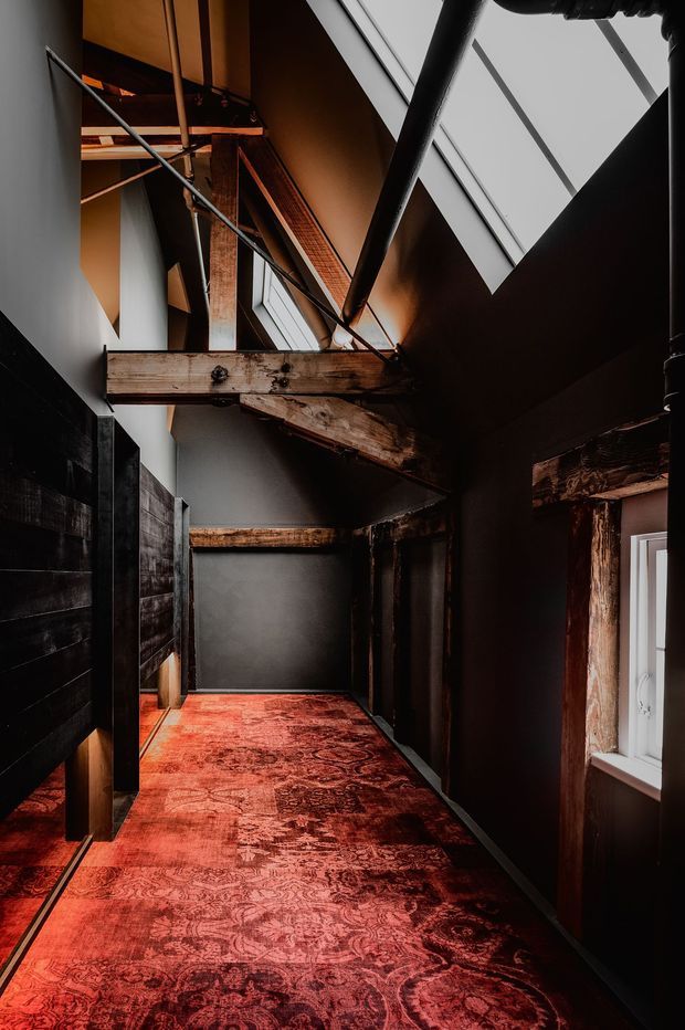 A dramatic, narrow interior corridor or landing with a richly patterned red carpet, near-black walls and built-in surfaces, exposed rough timber beams and posts, and visible dark metal structural pipes. A large angled skylight or clerestory glazing brings light into the tall space, highlighting the layered exposed construction and rustic timber framing.