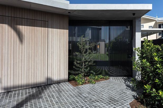 Contemporary residential facade with a minimalist flat concrete canopy, vertical timber-clad wall and matching garage or entry door, black vertical slatted screening, and a paved forecourt with subtle garden planting.