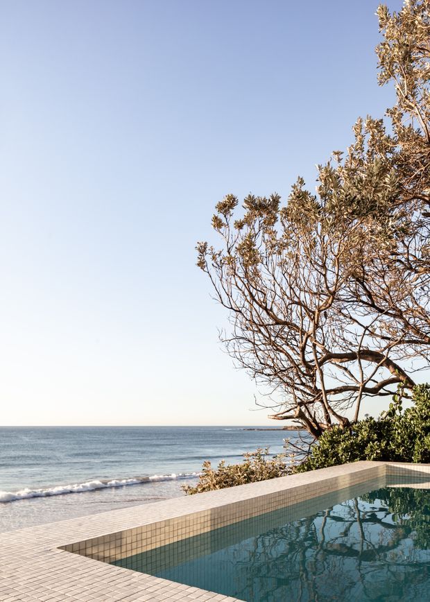 A tranquil coastal outdoor scene featuring a tiled swimming pool in the foreground, with the pool edge aligned toward a sandy beach and calm ocean beyond. A windswept coastal tree frames the right side, and the image is dominated by clear blue sky and soft natural light.